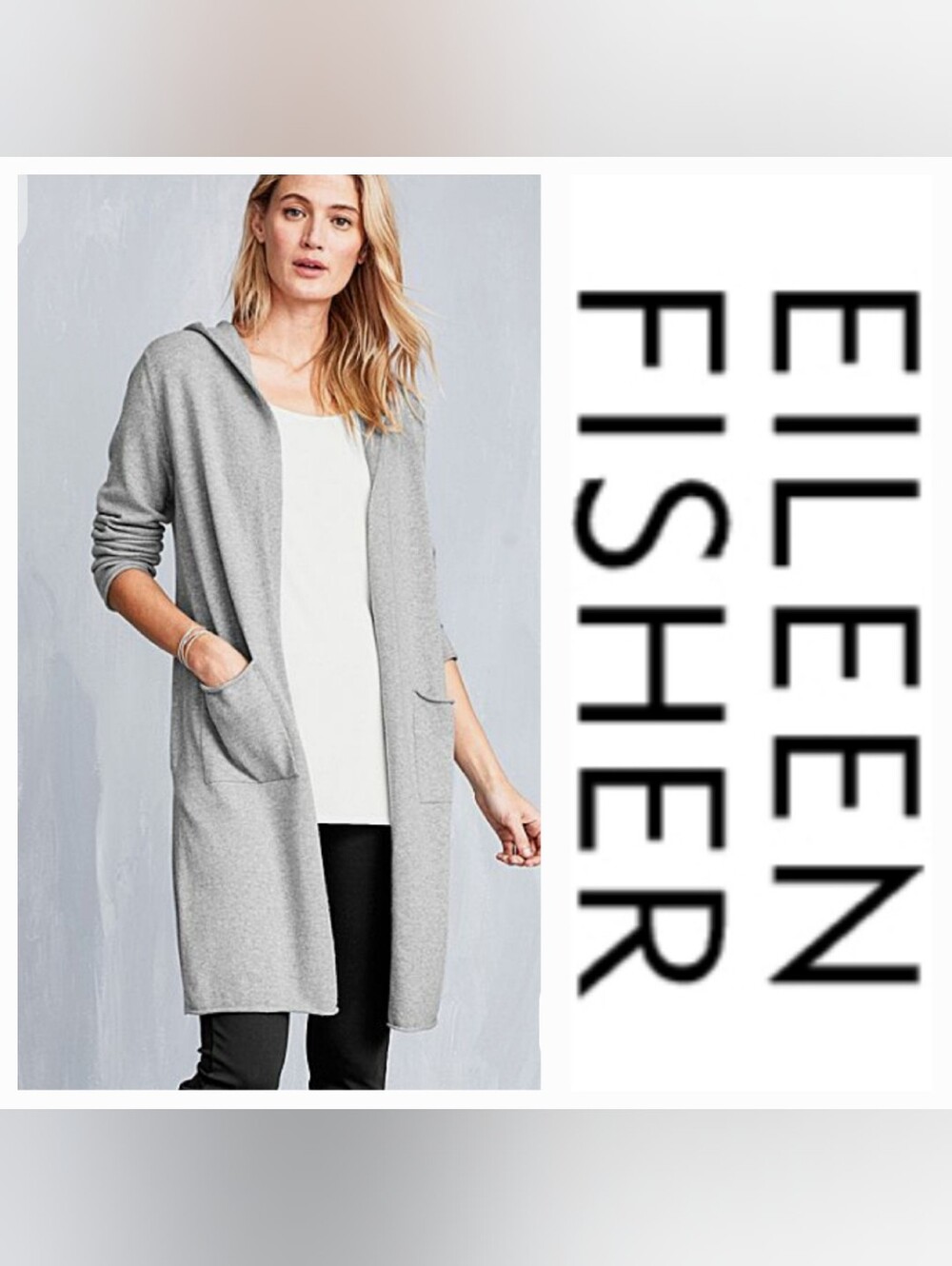 Eileen Fisher Peruvian Organic Cotton Hooded Duster Sz XL Open Front Pewter Gray